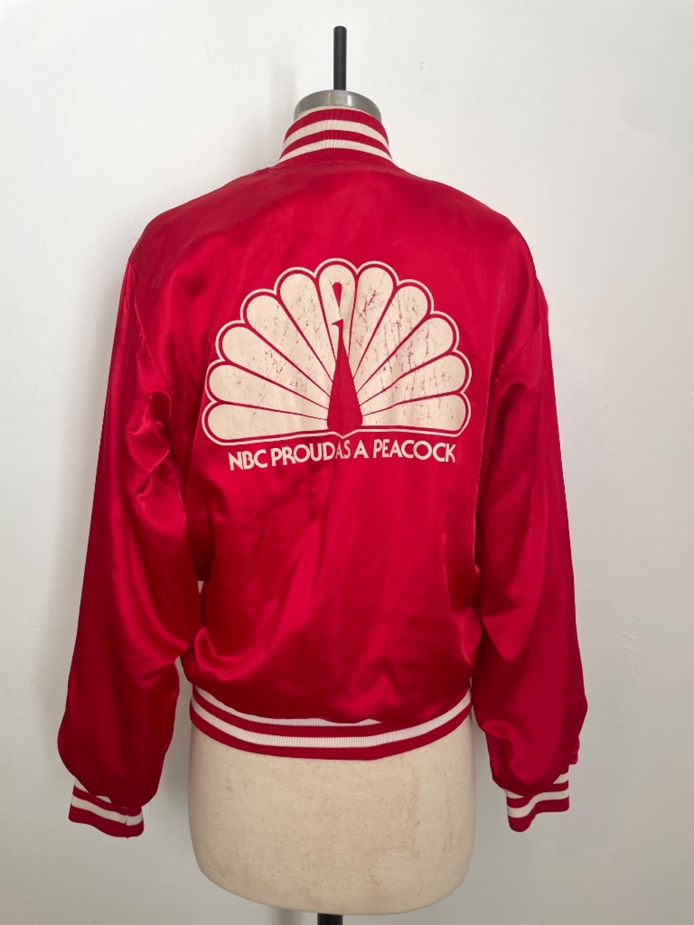 Vintage 70s Felco Red Satin Varsity Bomber Jacket NBC "Proud as a Peacock" Sz S